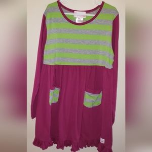 flowersac boutique long sleeve dress size 12/14 w/2 front pockets pink gray lime